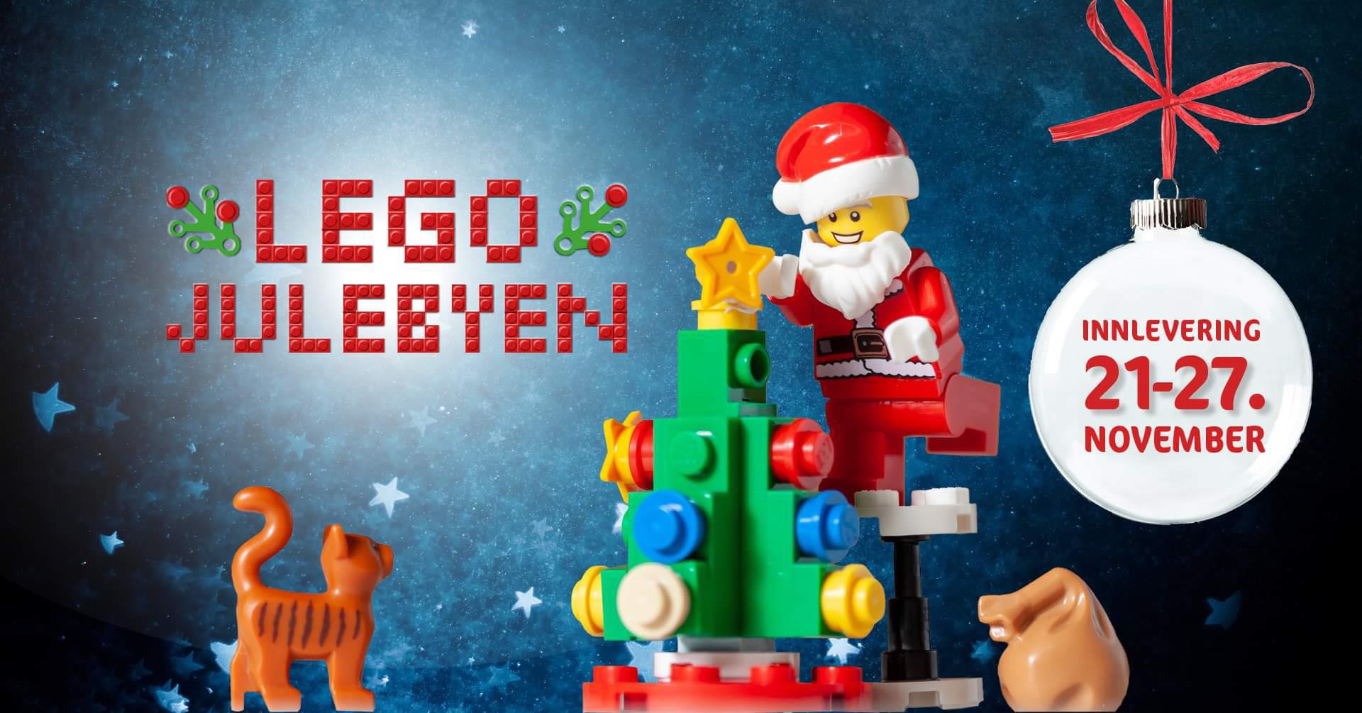 Lego nisse og juletre. Tekst "Lego byen" og info om innleveringsperiode 22. - 27. nov.